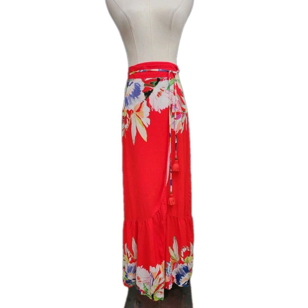 Anthropologie Maaji Maxi Wrap Skirt Ruffle Women Red Tropical Floral Medium - Picture 5 of 9